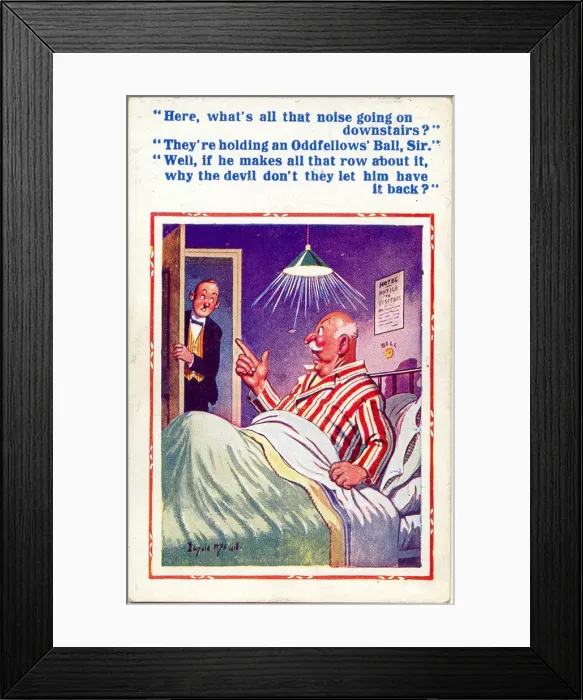 Framed Print : Comic postcard, Man in bed disturbed by party Date: 20th century Framed Print : Comic postcard, Man in bed disturbed by party Date: 20th century