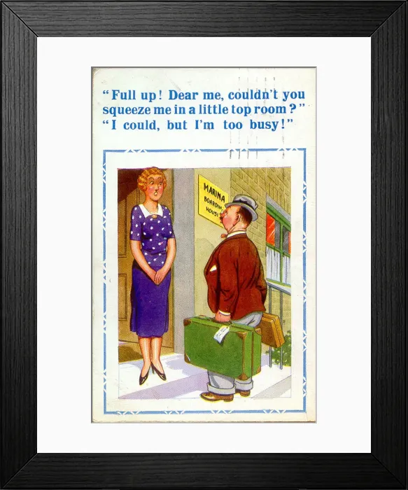 Framed Print : Comic postcard, Holidaymaker and landlady - Marina Boarding House Date: 20th century Framed Print : Comic postcard, Holidaymaker and landlady - Marina Boarding House Date: 20th century