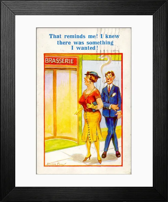 Framed Print : Comic postcard, Couple outside brasserie Framed Print : Comic postcard, Couple outside brasserie
