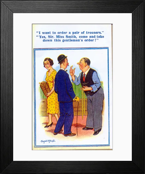 Framed Print : Comic postcard, Ordering a pair of trousers Date: 20th century Framed Print : Comic postcard, Ordering a pair of trousers Date: 20th century