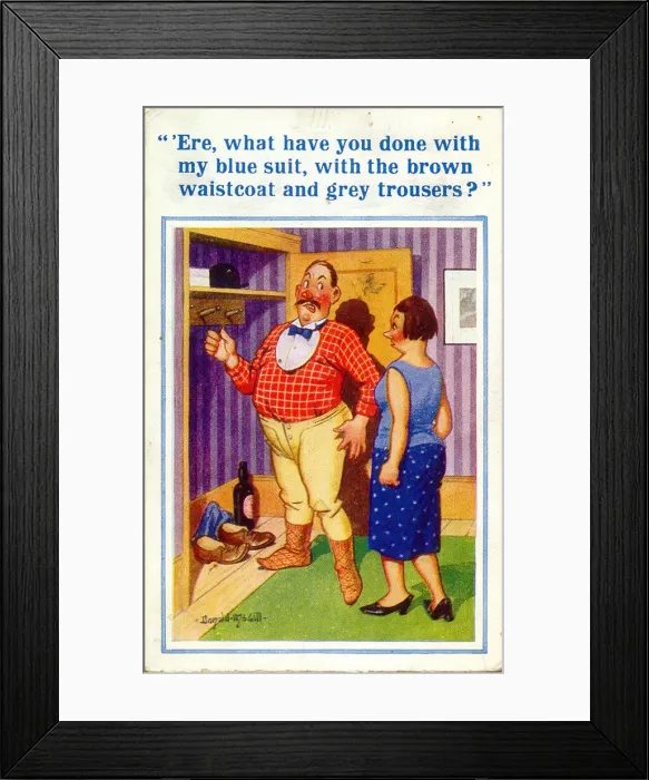 Framed Print : Comic postcard, Couple with empty wardrobe Date: 20th century Framed Print : Comic postcard, Couple with empty wardrobe Date: 20th century