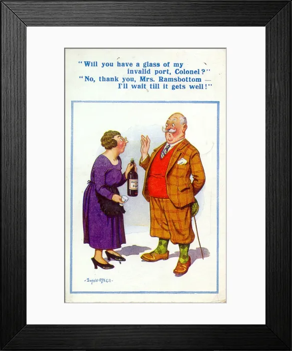 Framed Print : Comic postcard, Woman offers man a drink Date: 20th century Framed Print : Comic postcard, Woman offers man a drink Date: 20th century
