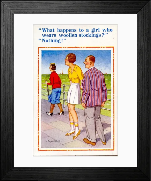 Framed Print : Comic postcard, Man and two women on promenade Framed Print : Comic postcard, Man and two women on promenade