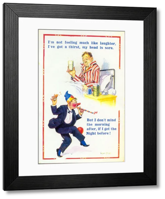 Framed Print : Comic postcard, Man with hangover after drunken evening Framed Print : Comic postcard, Man with hangover after drunken evening