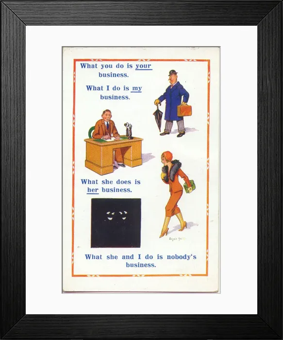 Framed Print : Comic postcard, Different interpretations of business Date: 20th century Framed Print : Comic postcard, Different interpretations of business Date: 20th century