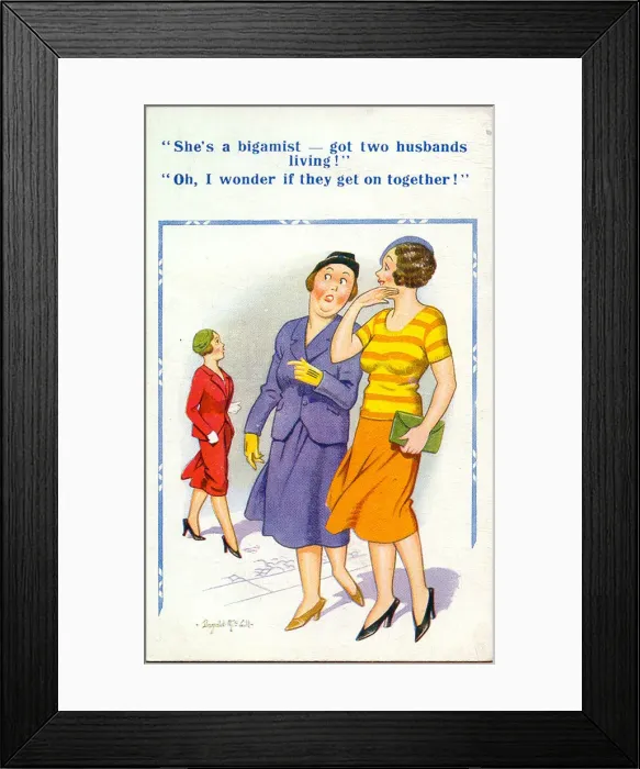 Framed Print : Comic postcard, Two women discuss bigamous woman Date: 20th century Framed Print : Comic postcard, Two women discuss bigamous woman Date: 20th century