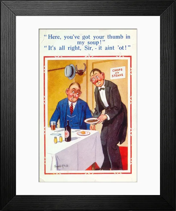 Framed Print : Comic postcard, Customer and waiter in restaurant - thumb in soup Date: 20th century Framed Print : Comic postcard, Customer and waiter in restaurant - thumb in soup Date: 20th century