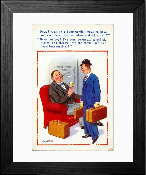 Framed Print : Comic postcard, Two commercial travellers Date: 20th century Framed Print : Comic postcard, Two commercial travellers Date: 20th century