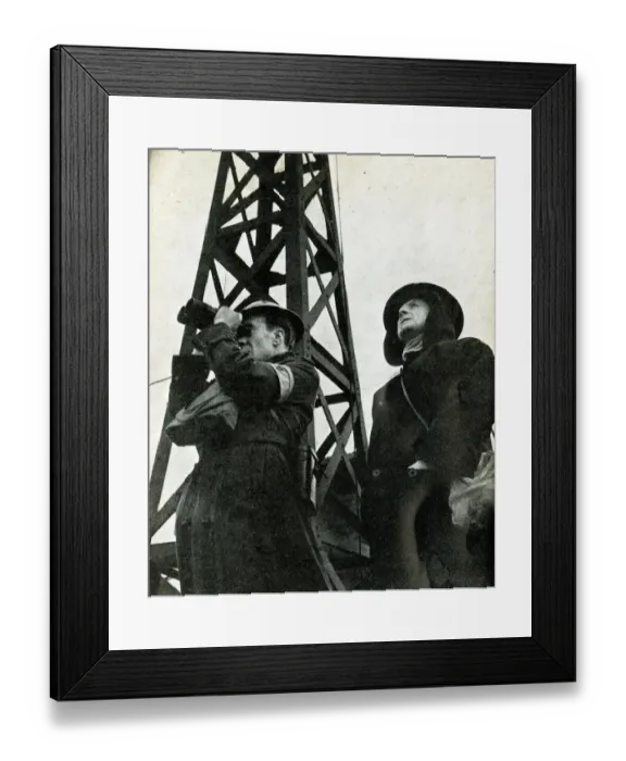 Framed Print : BBC staff take turns firewatching on roof, WW2 Framed Print : BBC staff take turns firewatching on roof, WW2