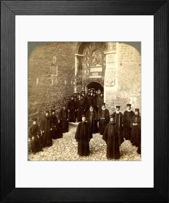 Framed Print : Monks at door of monastery, Megaspelaeon, Greece Framed Print : Monks at door of monastery, Megaspelaeon, Greece