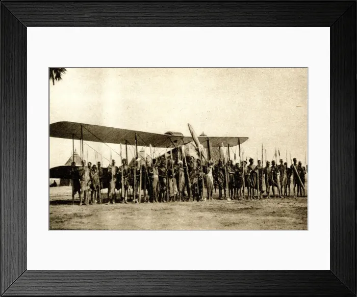 Framed Print : Shulluks pose by Cobhams aeroplane, Malakal, Sudan Framed Print : Shulluks pose by Cobhams aeroplane, Malakal, Sudan