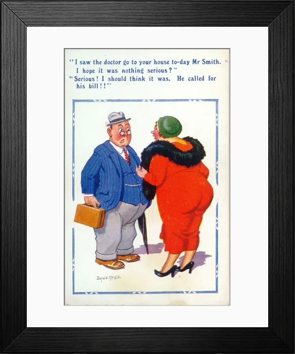 Framed Print : Comic postcard, Neighbours chat in the street Date: 20th century Framed Print : Comic postcard, Neighbours chat in the street Date: 20th century
