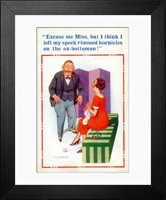 Framed Print : Comic postcard, Man looking for his spectacles - Spoonerisms Date: 20th century Framed Print : Comic postcard, Man looking for his spectacles - Spoonerisms Date: 20th century