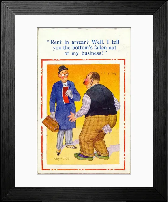 Framed Print : Comic postcard, Rent collector and tenant Date: 20th century Framed Print : Comic postcard, Rent collector and tenant Date: 20th century