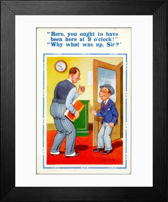 Framed Print : Comic postcard, Man and office boy Framed Print : Comic postcard, Man and office boy
