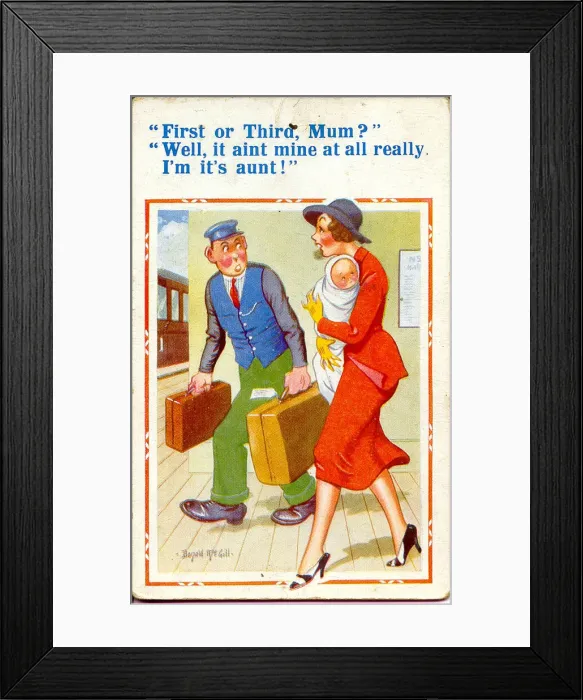 Framed Print : Comic postcard, Woman, baby and station porter Framed Print : Comic postcard, Woman, baby and station porter