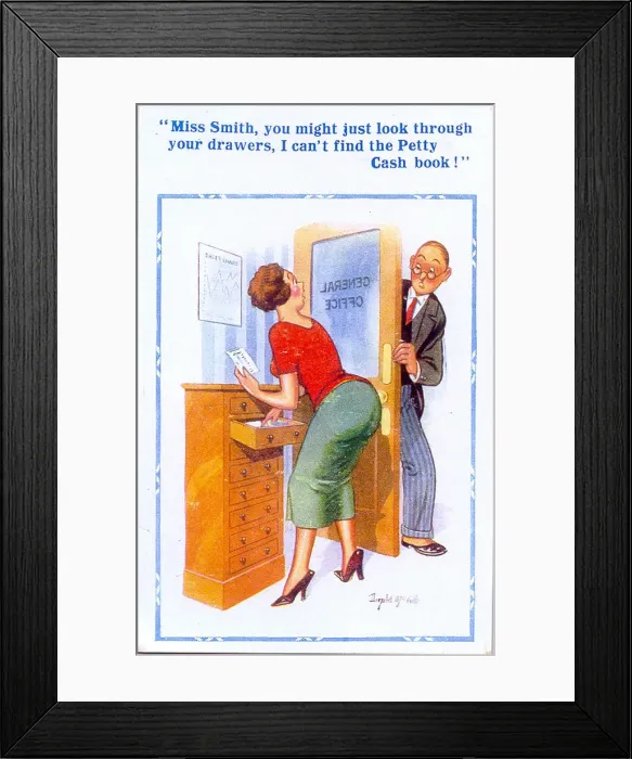 Framed Print : Comic postcard, Man and woman in office Date: 20th century Framed Print : Comic postcard, Man and woman in office Date: 20th century