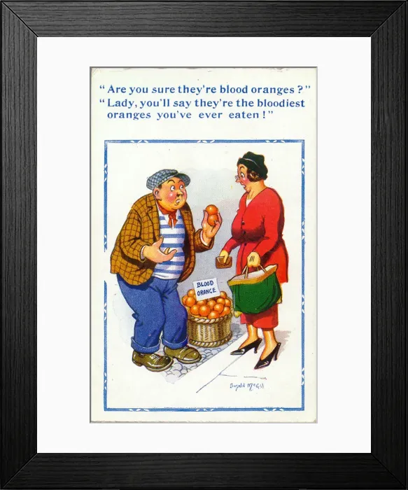 Framed Print : Comic postcard, Woman with fruit seller Date: 20th century Framed Print : Comic postcard, Woman with fruit seller Date: 20th century