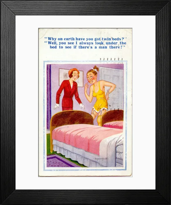Framed Print : Comic postcard, Woman with twin beds Date: 20th century Framed Print : Comic postcard, Woman with twin beds Date: 20th century