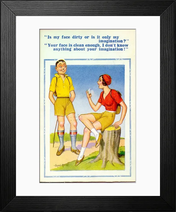 Framed Print : Comic postcard, Young couple out hiking Date: 20th century Framed Print : Comic postcard, Young couple out hiking Date: 20th century