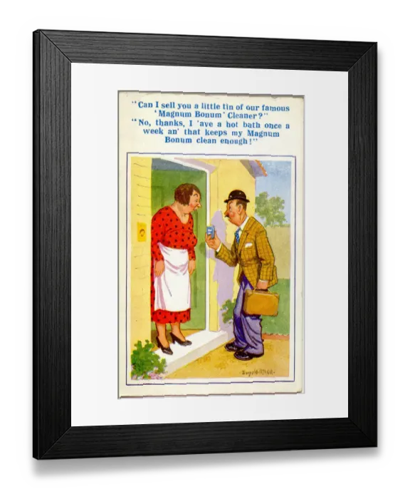 Framed Print : Comic postcard, Woman and door-to-door salesman Date: 20th century Framed Print : Comic postcard, Woman and door-to-door salesman Date: 20th century