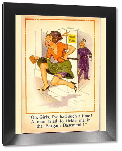Comic postcard, Woman escaping from department store Date: 20th century
