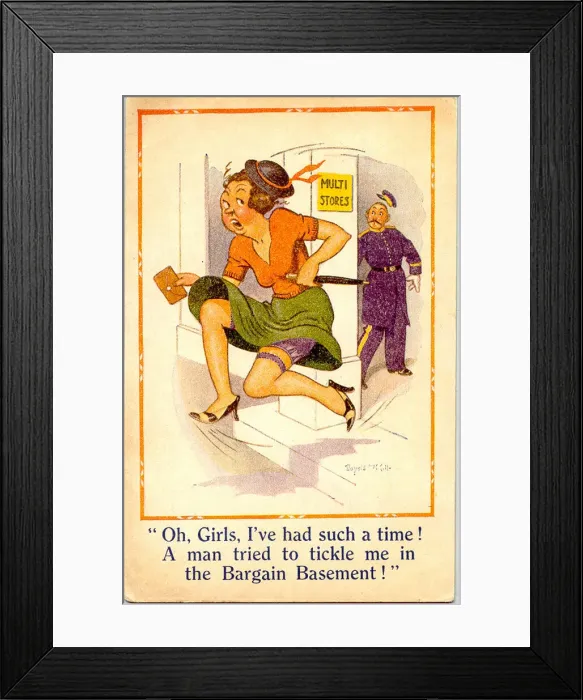 Framed Print : Comic postcard, Woman escaping from department store Date: 20th century