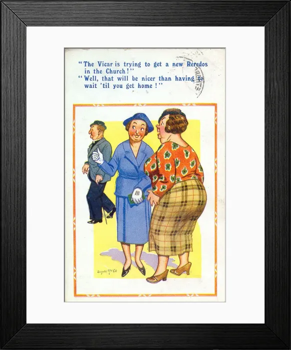 Framed Print : Comic postcard, A new Reredos for the church Date: 20th century Framed Print : Comic postcard, A new Reredos for the church Date: 20th century