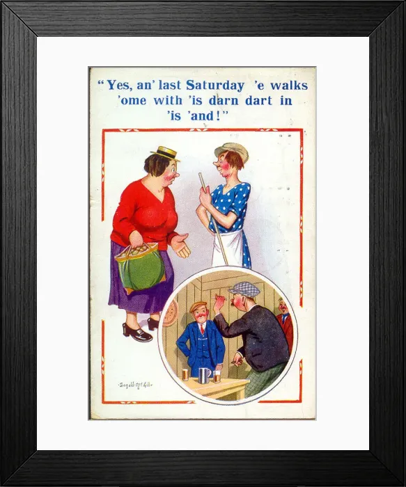 Framed Print : Comic postcard, Woman complains about husband Date: 20th century Framed Print : Comic postcard, Woman complains about husband Date: 20th century