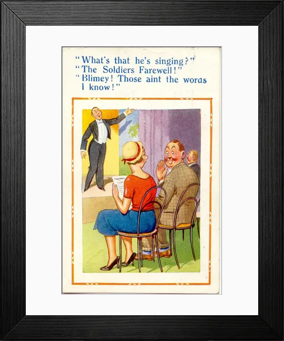 Framed Print : Comic postcard, Singer on stage - The Soldiers Farewell Date: 20th century Framed Print : Comic postcard, Singer on stage - The Soldiers Farewell Date: 20th century