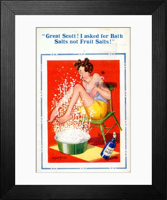 Framed Print : Comic postcard, Woman with wrong kind of salts Date: 20th century Framed Print : Comic postcard, Woman with wrong kind of salts Date: 20th century