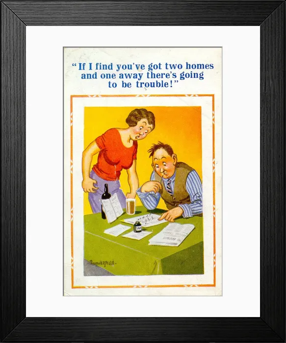Framed Print : Comic postcard, Couple doing the football pools Date: 20th century Framed Print : Comic postcard, Couple doing the football pools Date: 20th century