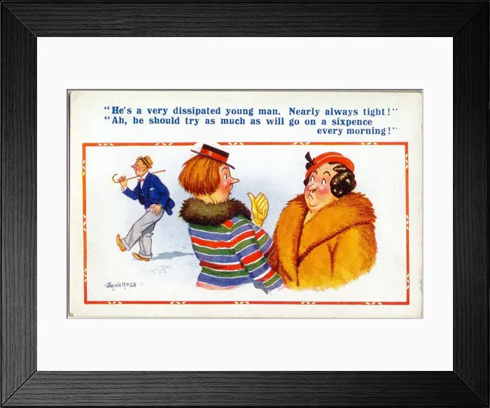 Framed Print : Comic postcard, Women discuss drunkard in street Date: 20th century Framed Print : Comic postcard, Women discuss drunkard in street Date: 20th century