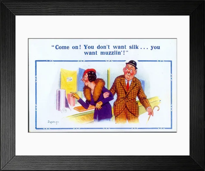 Framed Print : Comic postcard, Couple passing shop window Date: 20th century Framed Print : Comic postcard, Couple passing shop window Date: 20th century