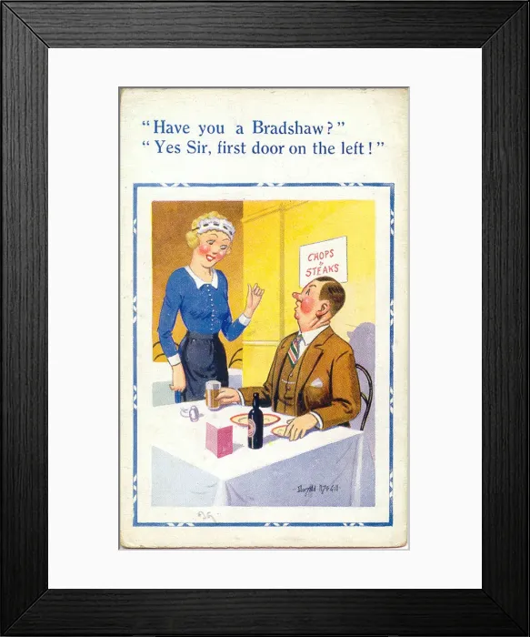 Framed Print : Comic postcard, Waitress answering mans question Date: 20th century Framed Print : Comic postcard, Waitress answering mans question Date: 20th century