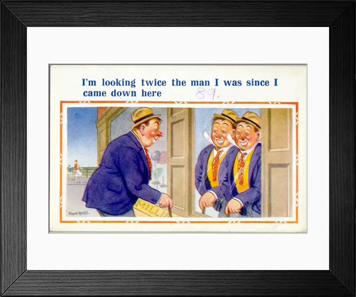 Framed Print : Comic postcard, Man at the seaside seeing double Date: 20th century Framed Print : Comic postcard, Man at the seaside seeing double Date: 20th century