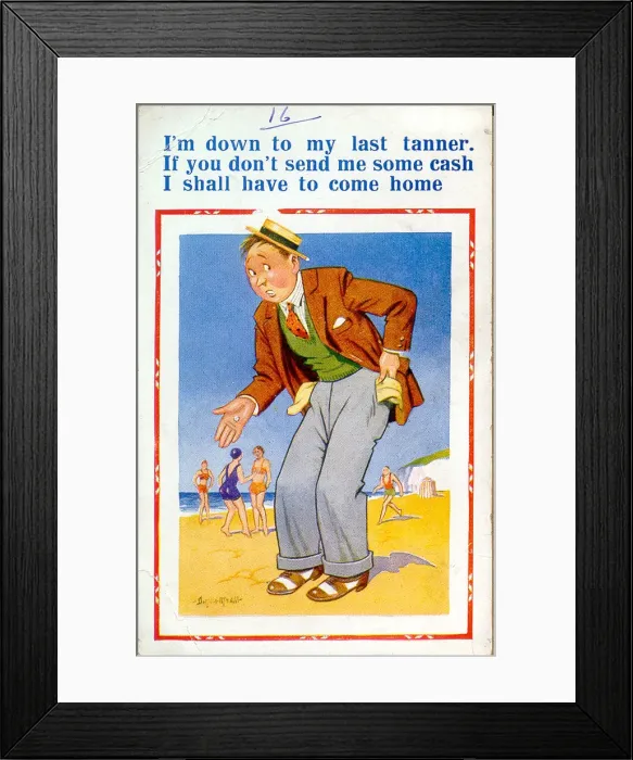 Framed Print : Comic postcard, Man short of money at the seaside Date: 20th century Framed Print : Comic postcard, Man short of money at the seaside Date: 20th century