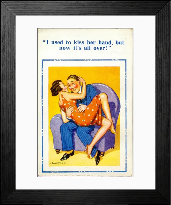 Framed Print : Comic postcard, Couple in an armchair Date: 20th century Framed Print : Comic postcard, Couple in an armchair Date: 20th century