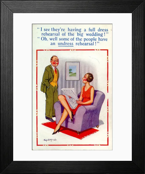 Framed Print : Comic postcard, Dress rehearsal of wedding Date: 20th century Framed Print : Comic postcard, Dress rehearsal of wedding Date: 20th century