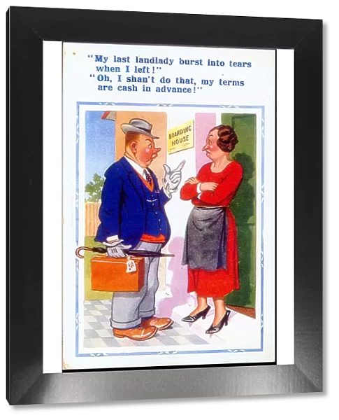 Comic postcard, Man and boarding house landlady Date: 20th century