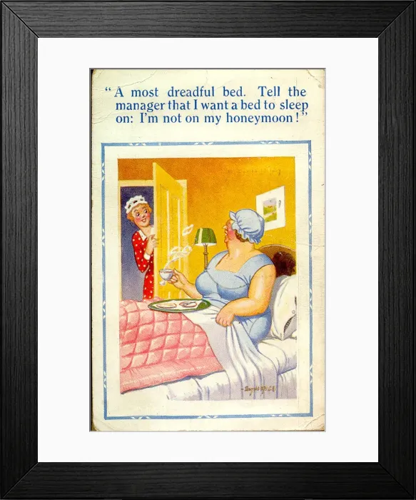 Framed Print : Comic postcard, Woman in hotel bedroom Date: 20th century Framed Print : Comic postcard, Woman in hotel bedroom Date: 20th century