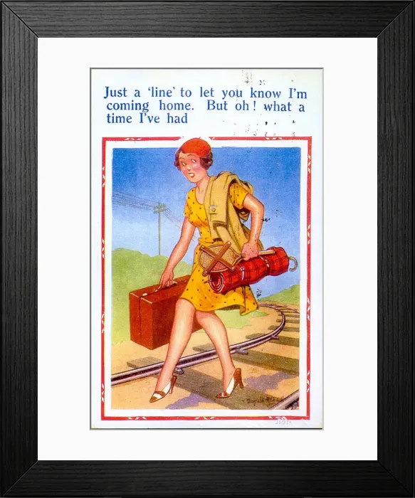 Framed Print : Comic postcard, Woman walking along railway track Date: 20th century Framed Print : Comic postcard, Woman walking along railway track Date: 20th century
