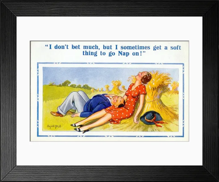 Framed Print : Comic postcard, Couple asleep in the countryside Date: 20th century Framed Print : Comic postcard, Couple asleep in the countryside Date: 20th century