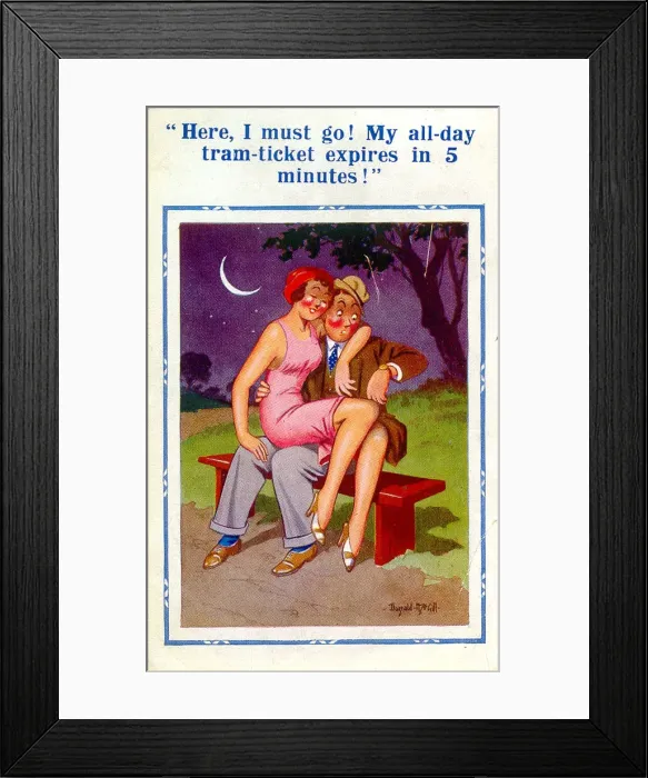 Framed Print : Comic postcard, Couple on a bench at night Date: 20th century Framed Print : Comic postcard, Couple on a bench at night Date: 20th century