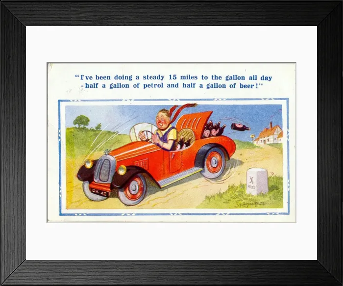 Framed Print : Comic postcard, Man driving a car with beer bottles Date: 20th century Framed Print : Comic postcard, Man driving a car with beer bottles Date: 20th century