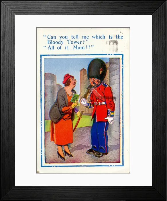 Framed Print : Comic postcard, Woman at the Tower of London Date: 20th century Framed Print : Comic postcard, Woman at the Tower of London Date: 20th century