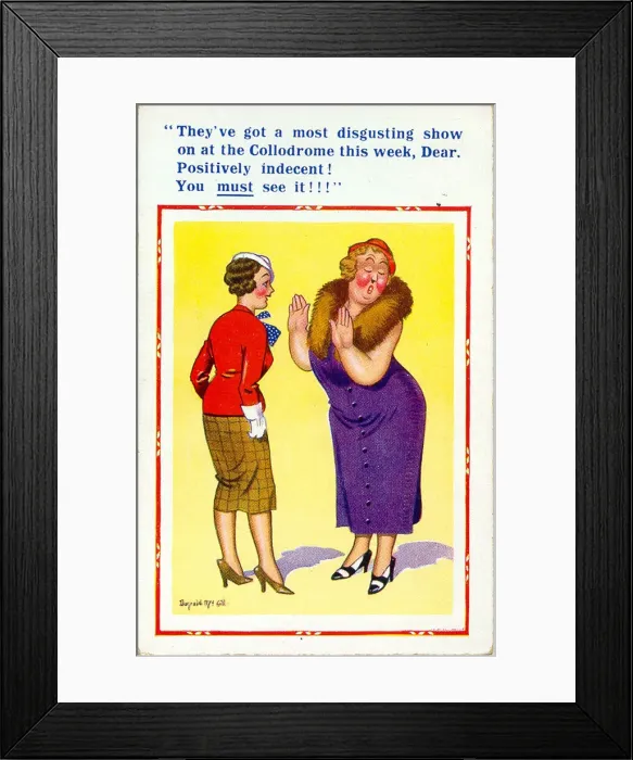 Framed Print : Comic postcard, Women chatting about a show Date: 20th century Framed Print : Comic postcard, Women chatting about a show Date: 20th century