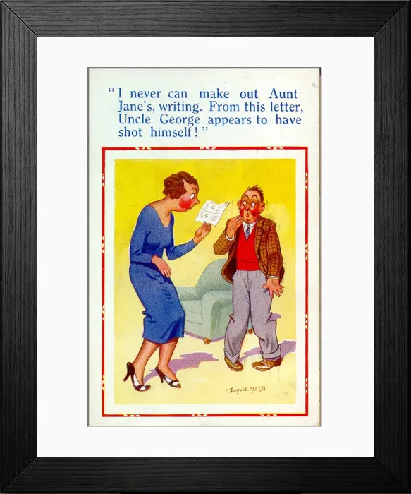 Framed Print : Comic postcard, Woman reading aunts letter Date: 20th century Framed Print : Comic postcard, Woman reading aunts letter Date: 20th century