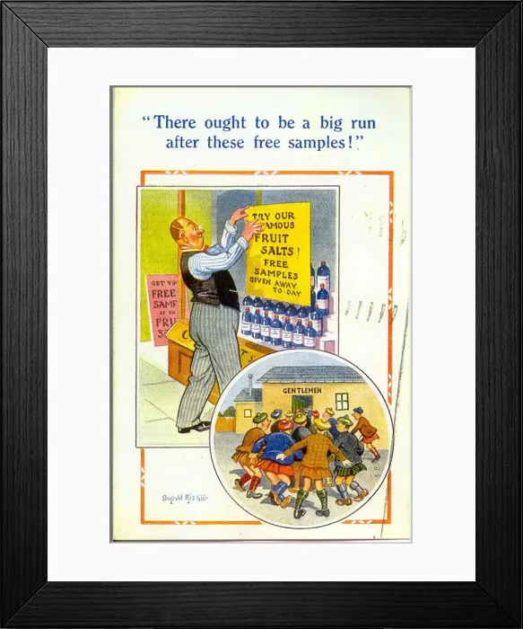 Framed Print : Comic postcard, Free samples of fruit salts, and the result Date: 20th century Framed Print : Comic postcard, Free samples of fruit salts, and the result Date: 20th century
