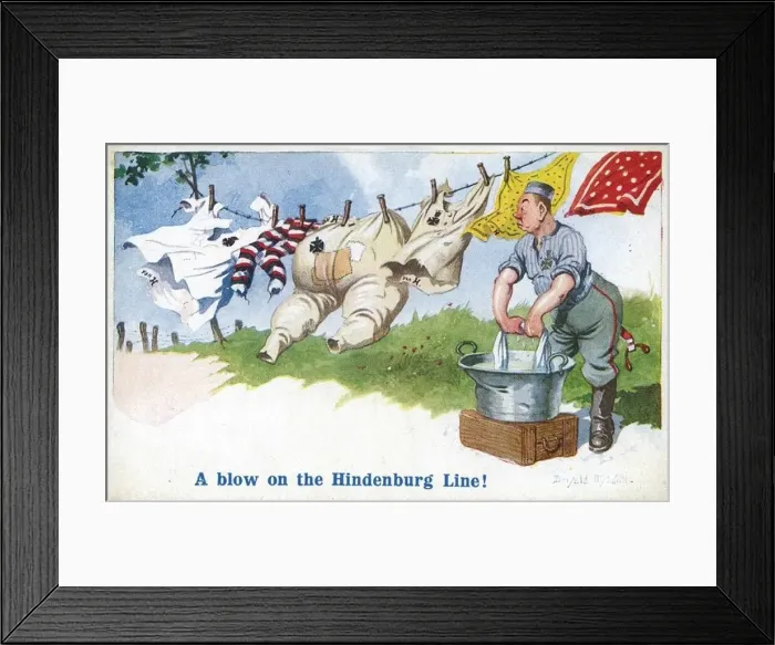 Framed Print : Comic postcard, A blow on the Hindenburg Line, WW1 - a satirical comment on the German Framed Print : Comic postcard, A blow on the Hindenburg Line, WW1 - a satirical comment on the German